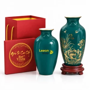 Bình gốm hoa sen vẽ vàng men xanh lục - Quà tặng Tập đoàn Leeon