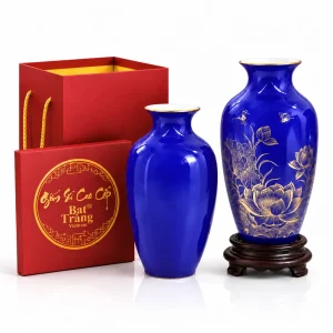 Bình Gốm Liên Hoa Kẻ Vàng Kim Men Xanh Dương