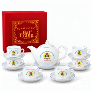 Bộ Ấm Chén Bát Tràng Kẻ Chỉ Xanh In Logo