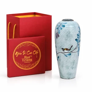 Lọ Hoa Gốm Men Xước Vẽ Chim Đậu Cành Lá Xanh