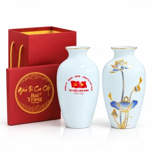 Lọ Hoa Sứ Sen Xanh Kẻ Vàng In Logo